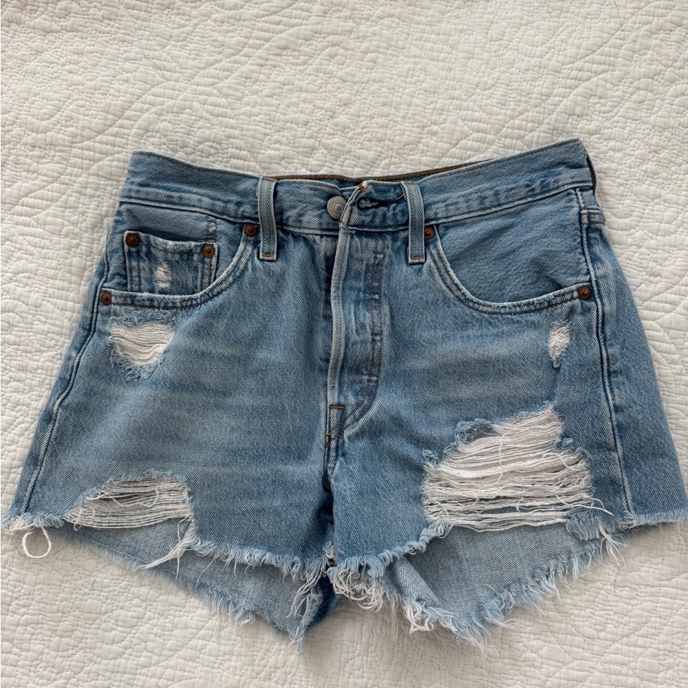 LEVI Light Blue Distressed Jean Shorts